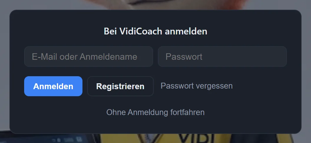 Anmeldefenster mit Feldern für E-Mail oder Anmeldename und Passwort, Knöpfen Anmelden und Registrieren, Passwort vergessen und Ohne Anmeldung fortfahren
