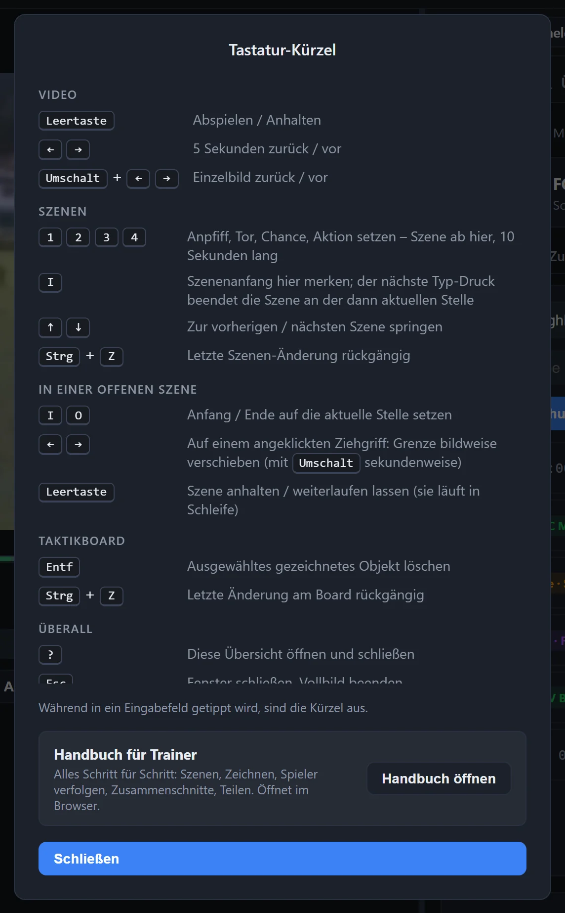 Fenster Tastatur-Kürzel mit dem Kasten Handbuch für Trainer und dem Knopf Handbuch öffnen