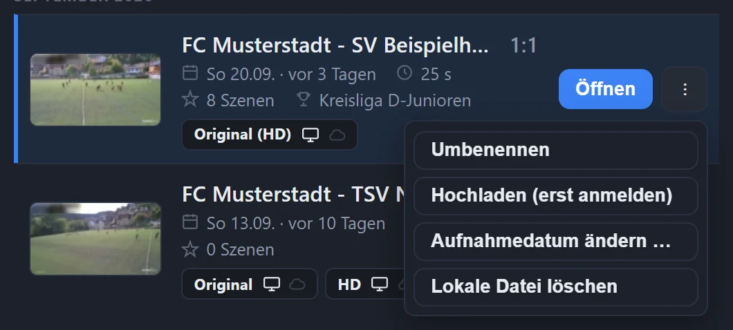 Aufgeklapptes Menü eines Spiels mit Umbenennen, Hochladen (erst anmelden), Aufnahmedatum ändern und Lokale Datei löschen
