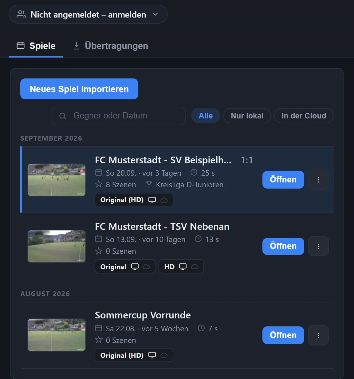 Spiele-Liste mit drei Spielen als Karten, nach Monaten gruppiert, mit Suchfeld, Filtern und Ablage-Leiste