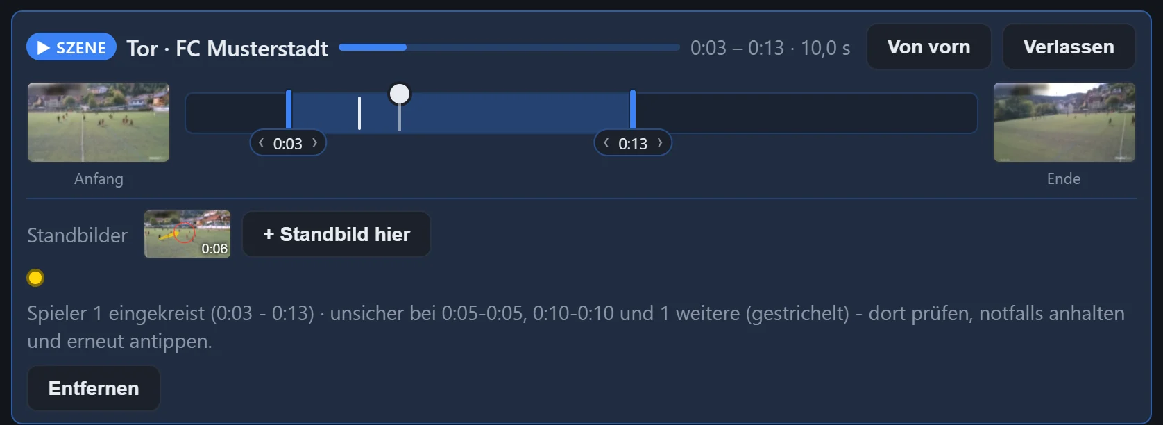 Szenen-Leiste mit Anfangs- und Endbild, Spur mit zwei Griffen, einem Standbild und einem verfolgten Spieler
