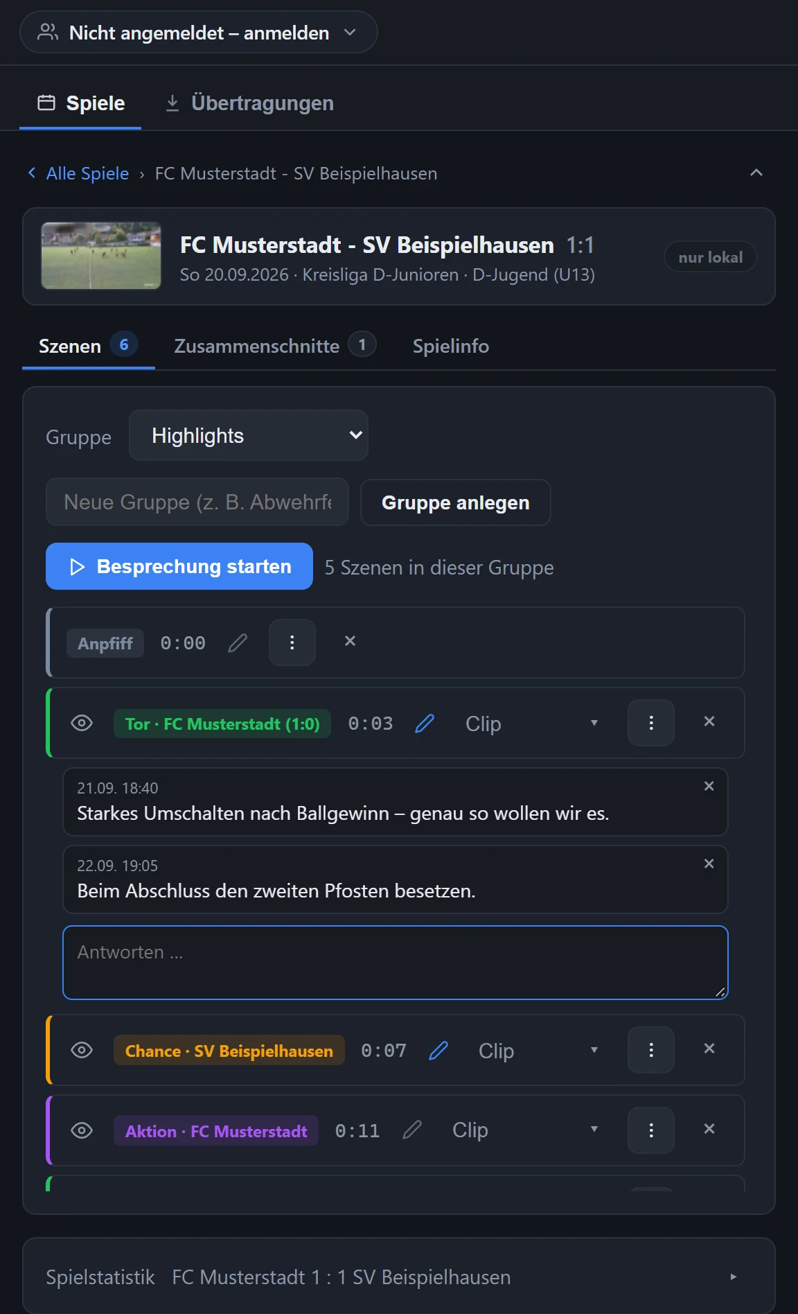 Reiter Szenen mit Gruppe Highlights, Besprechung starten, Szenen-Zeilen und aufgeklappten Notizen zur Tor-Szene, darunter die Spielstatistik