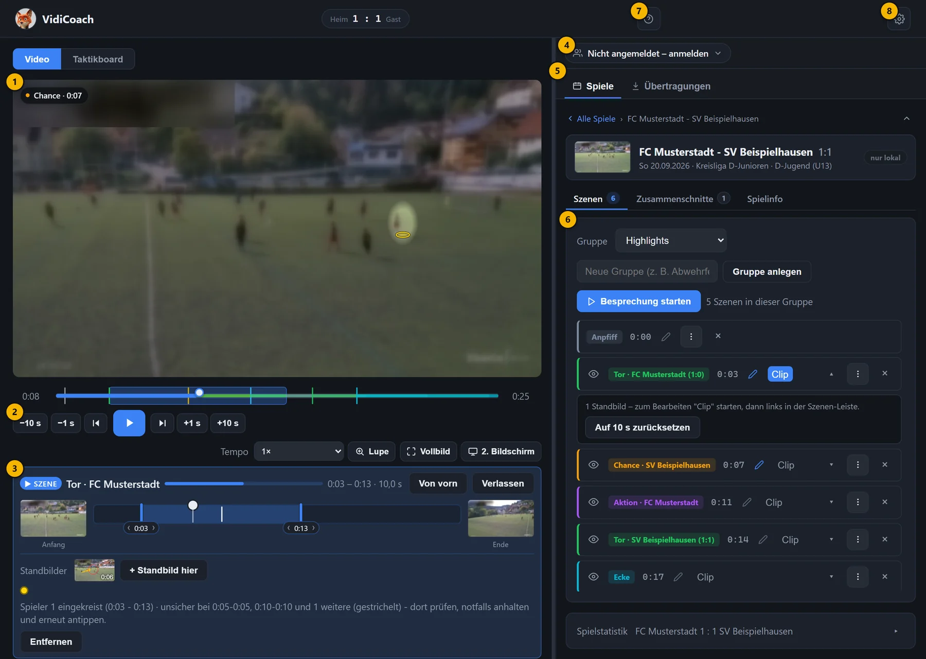 Das VidiCoach-Fenster mit geöffnetem Spiel: links Video, Bedienleiste und Szenen-Leiste, rechts Team-Knopf, Reiter und Szenen-Liste
