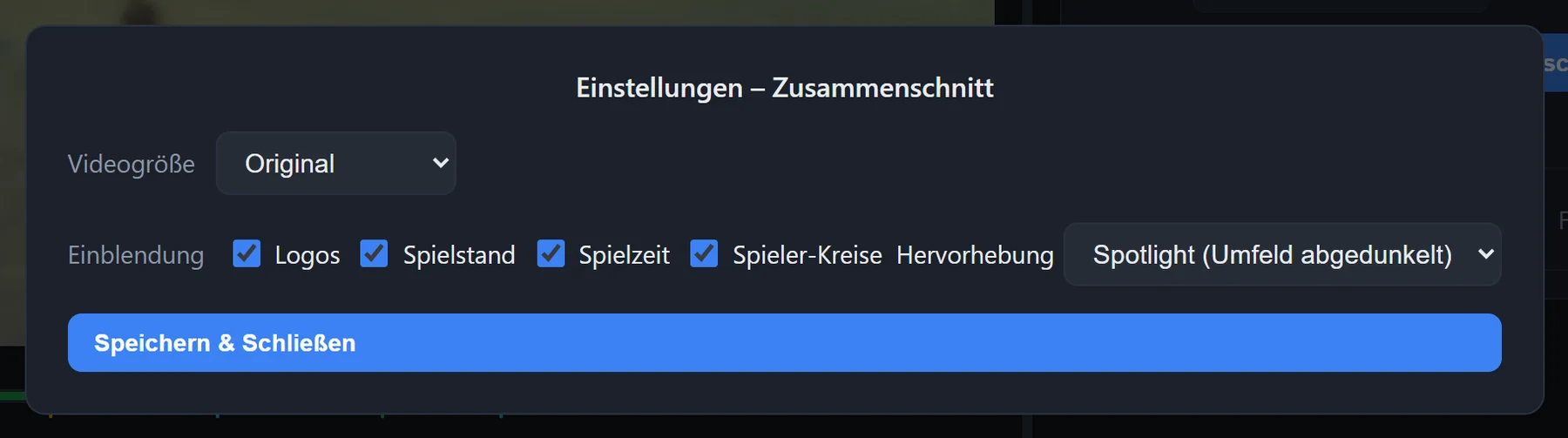 Fenster Einstellungen – Zusammenschnitt mit Videogröße, Einblendung von Logos, Spielstand, Spielzeit und Spieler-Kreisen sowie Hervorhebung
