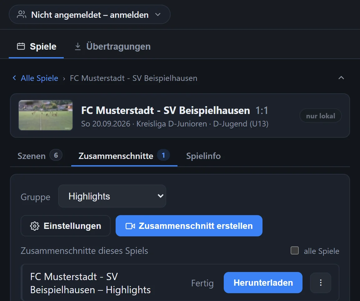 Reiter Zusammenschnitte mit Gruppenauswahl, Einstellungen, Zusammenschnitt erstellen und einem fertigen Zusammenschnitt mit Herunterladen