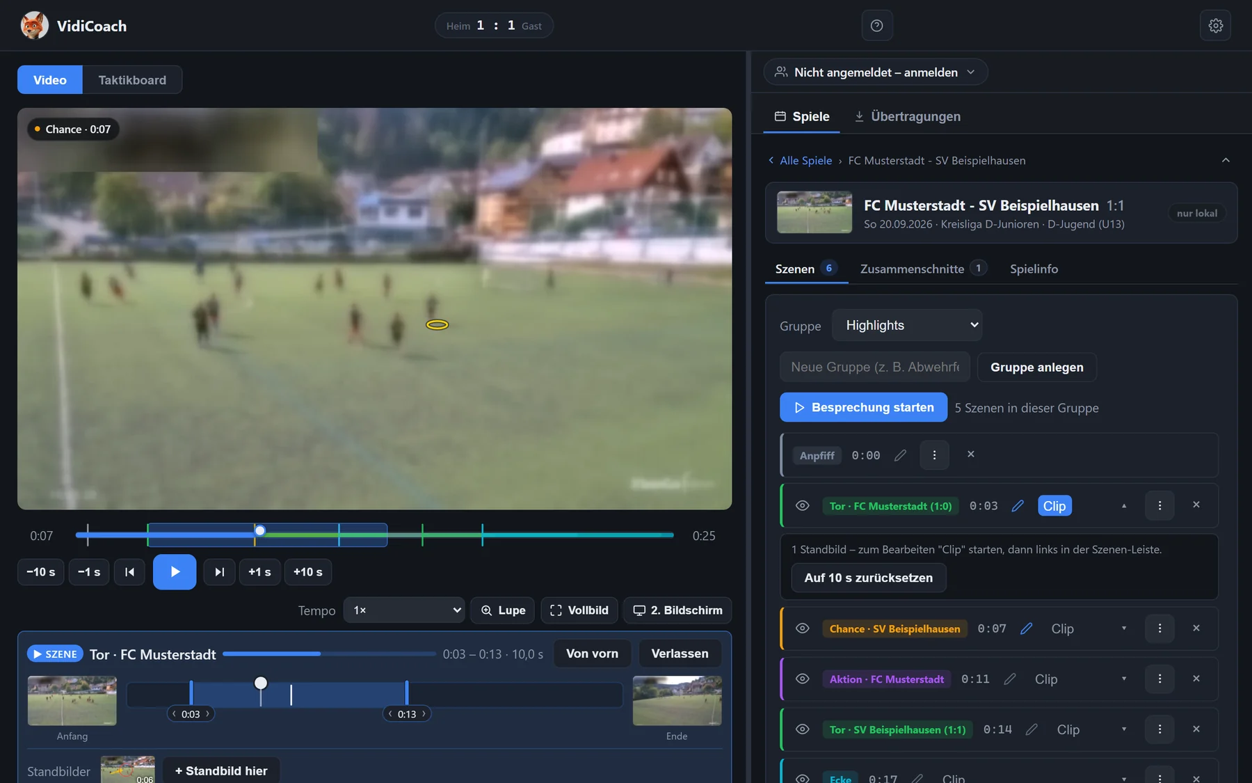 Das VidiCoach-Programm: links das Spielvideo mit einem verfolgten Spieler, Bedienleiste und Szenen-Leiste, rechts die Szenen des Spiels mit Tor, Chance und Aktion