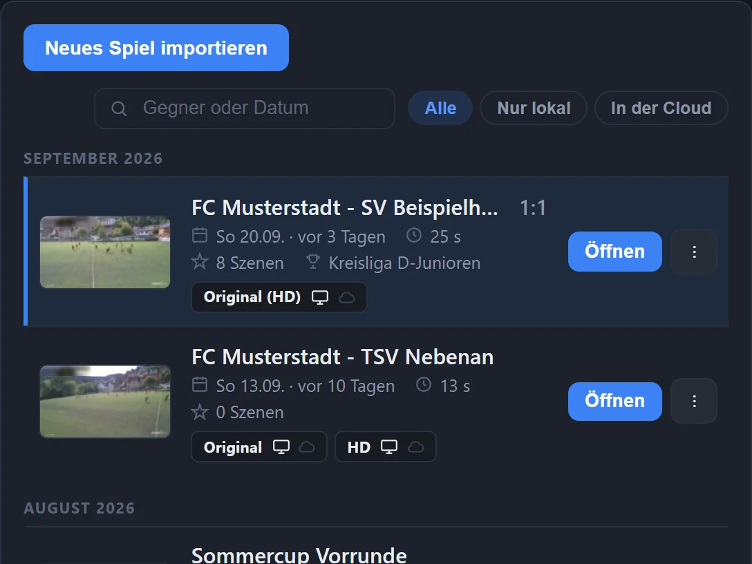 Spiele-Liste in VidiCoach mit Vorschaubildern, Monaten und der Ablage je Fassung auf Rechner und in der Cloud